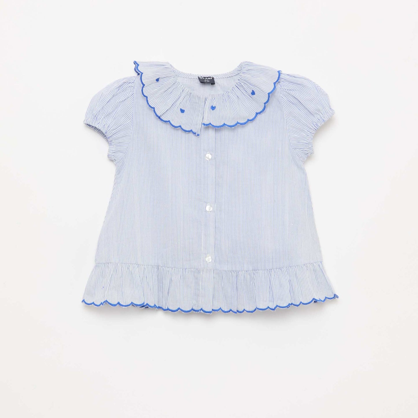 Striped short-sleeved blouse with ruffled hem BLUE