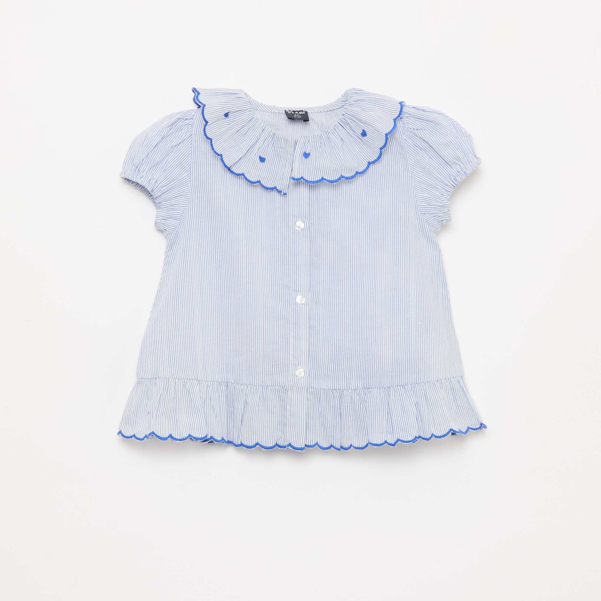 Striped short-sleeved blouse with ruffled hem BLUE