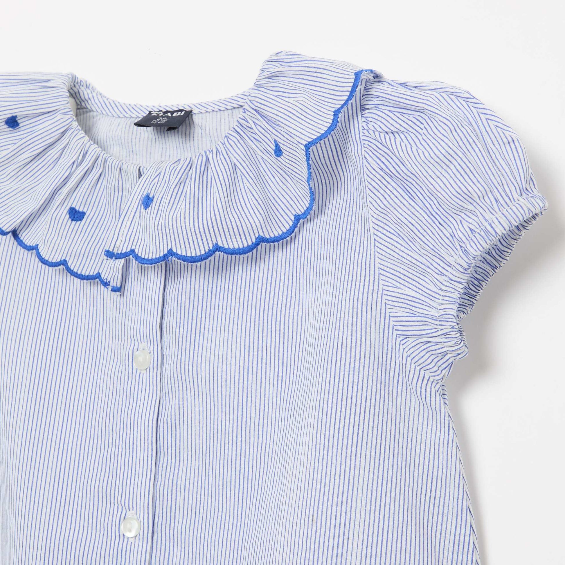 Striped short-sleeved blouse with ruffled hem BLUE