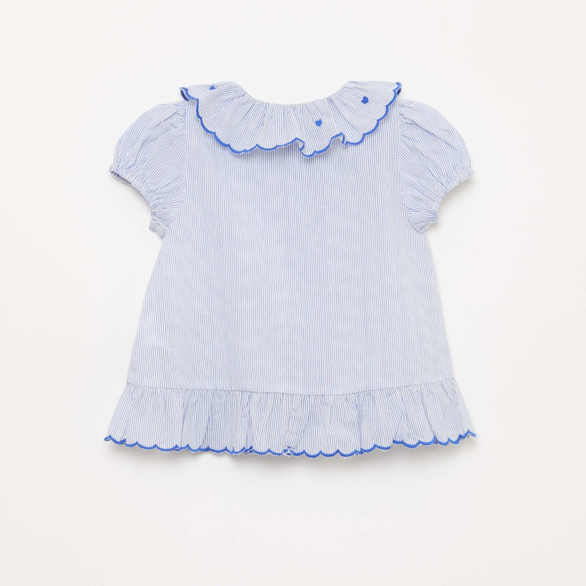 Striped short-sleeved blouse with ruffled hem BLUE
