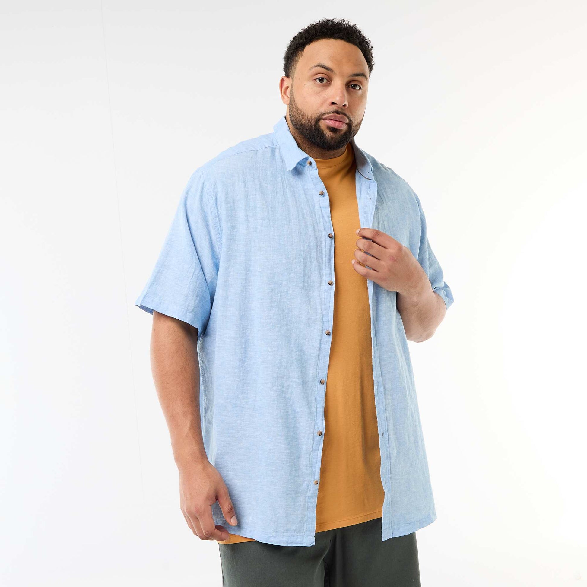 Short-Sleeved Linen-Blend Shirt BLUE
