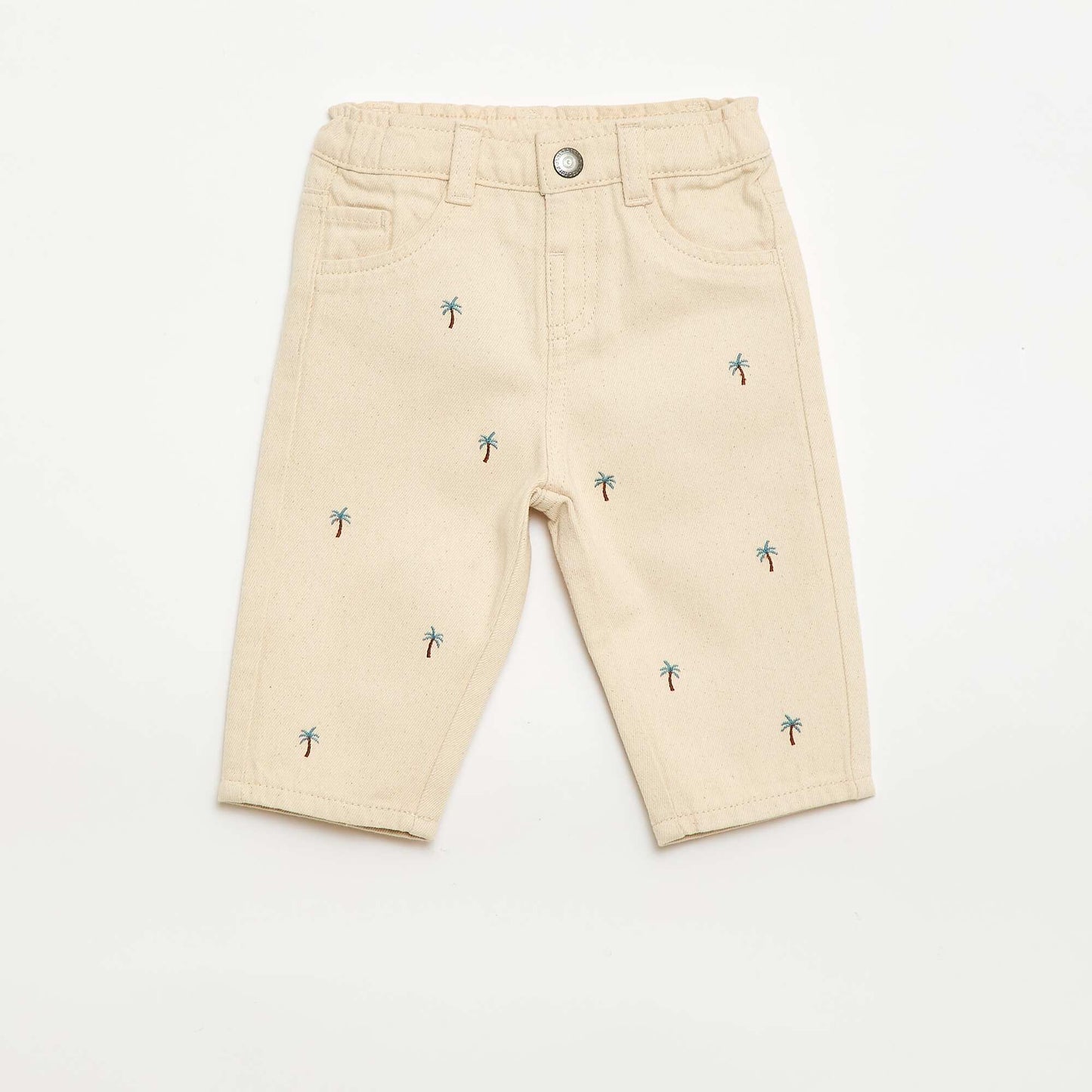 All-Over Embroidered Paperbag Trousers in Cotton Twill BEIGE