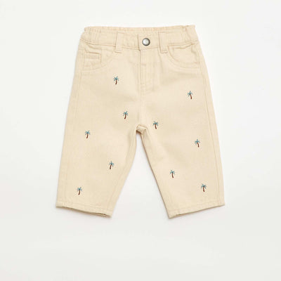 All-Over Embroidered Paperbag Trousers in Cotton Twill BEIGE