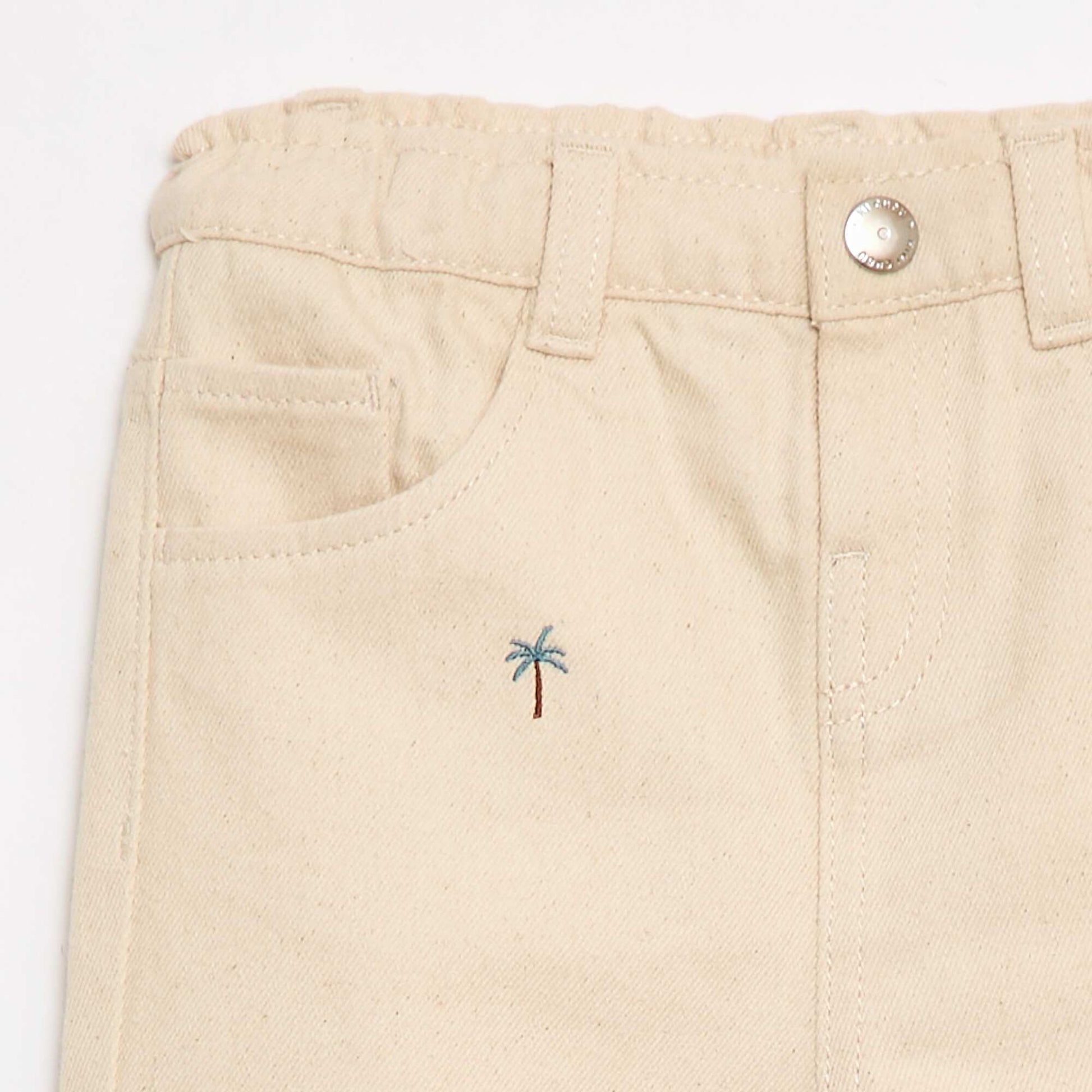 All-Over Embroidered Paperbag Trousers in Cotton Twill BEIGE