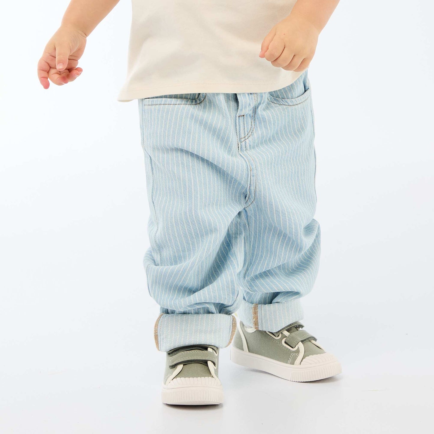 Striped Adjustable Denim Cotton Trousers BLUE