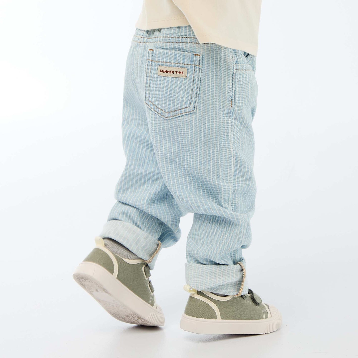 Striped Adjustable Denim Cotton Trousers BLUE