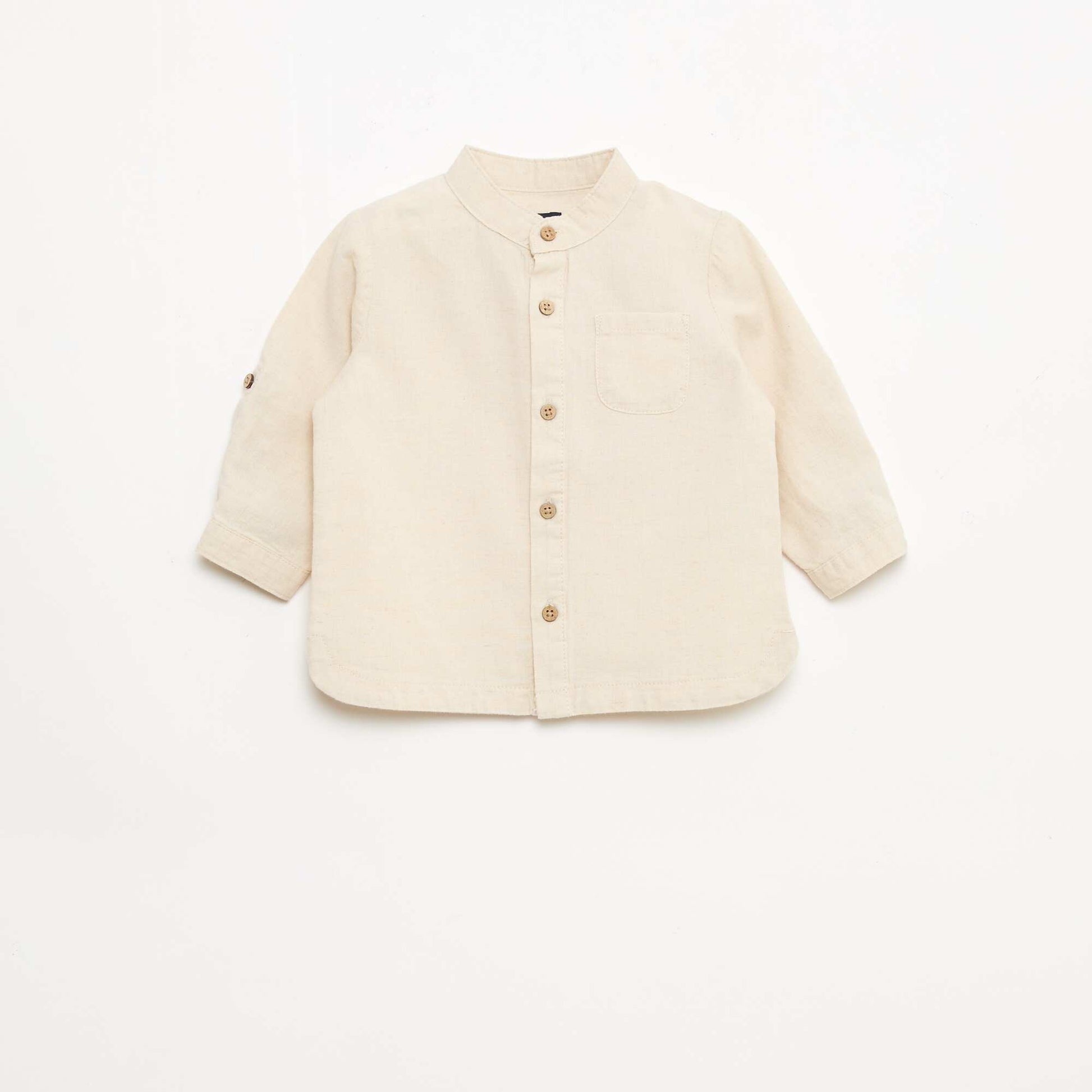 Mandarin Collar Shirt with Roll-Up Sleeves BEIGE