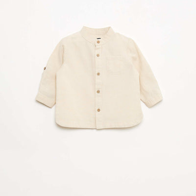 Mandarin Collar Shirt with Roll-Up Sleeves BEIGE