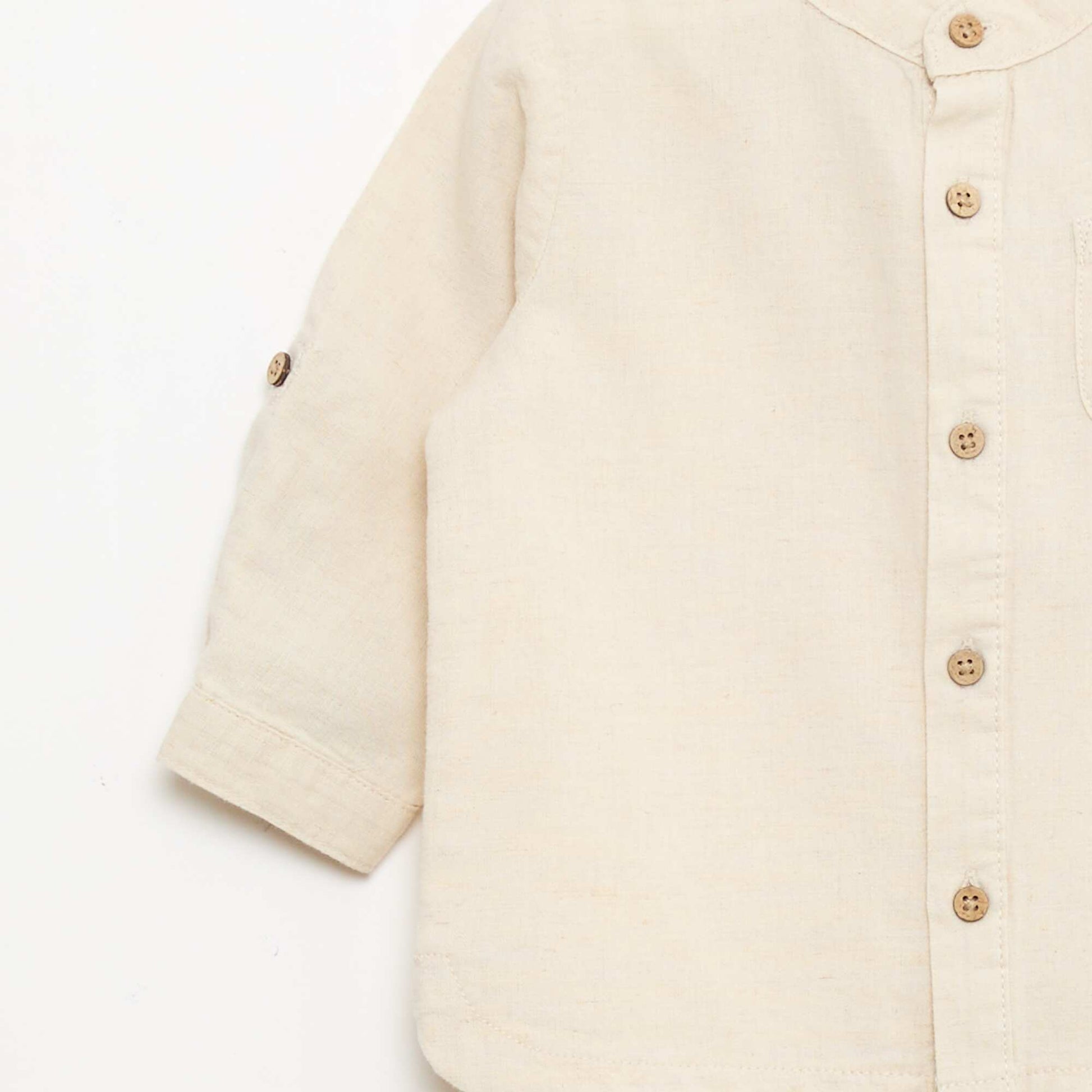 Mandarin Collar Shirt with Roll-Up Sleeves BEIGE