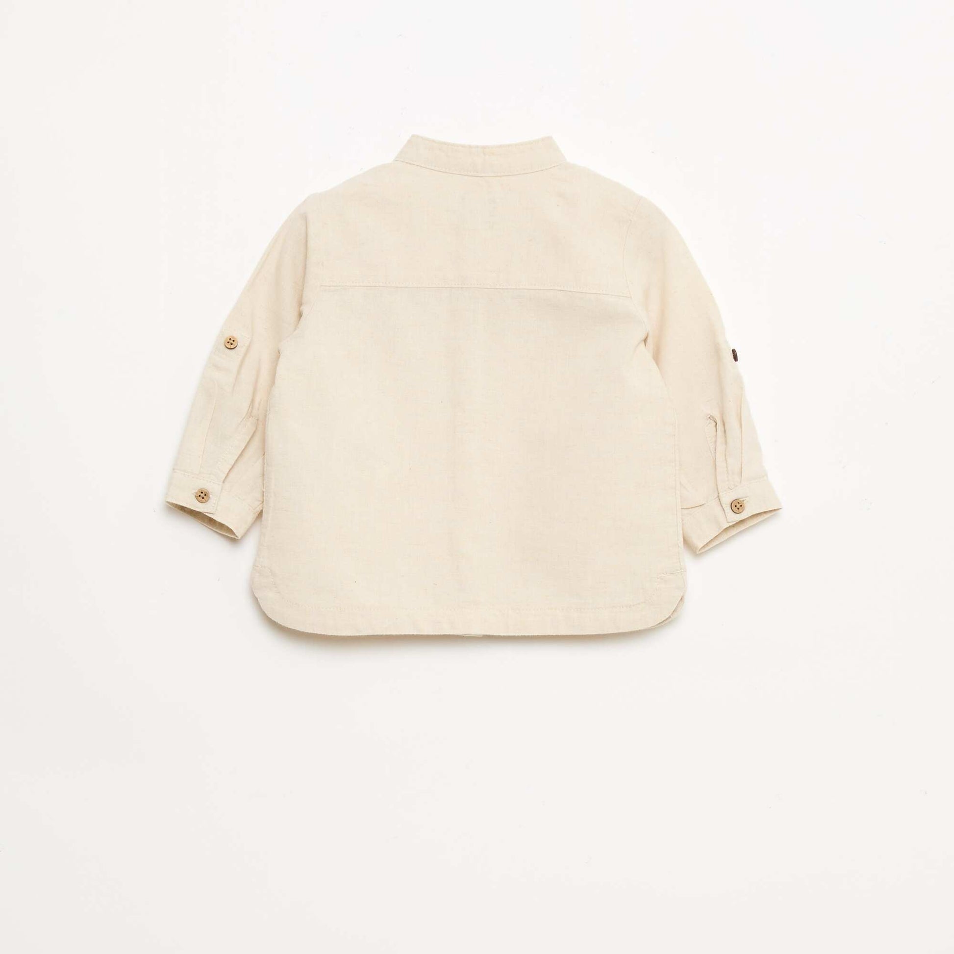 Mandarin Collar Shirt with Roll-Up Sleeves BEIGE