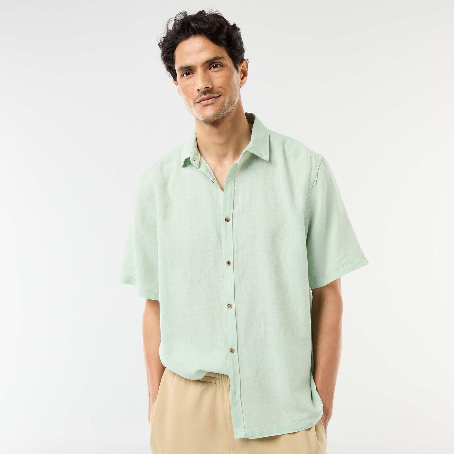 Short-Sleeved Linen-Blend Shirt GREEN