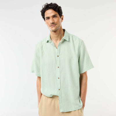 Short-Sleeved Linen-Blend Shirt GREEN