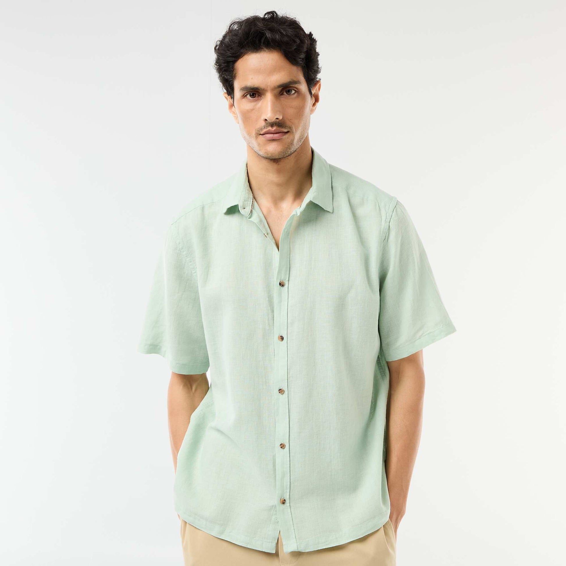 Short-Sleeved Linen-Blend Shirt GREEN
