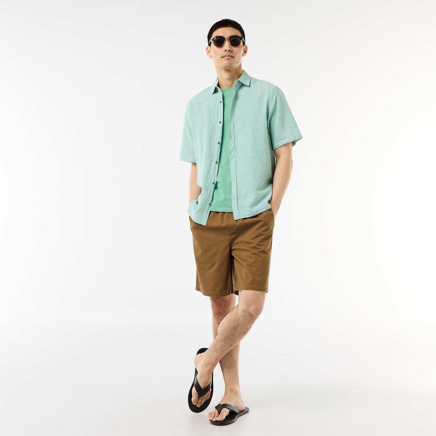 Short-Sleeved Linen-Blend Shirt BLUE