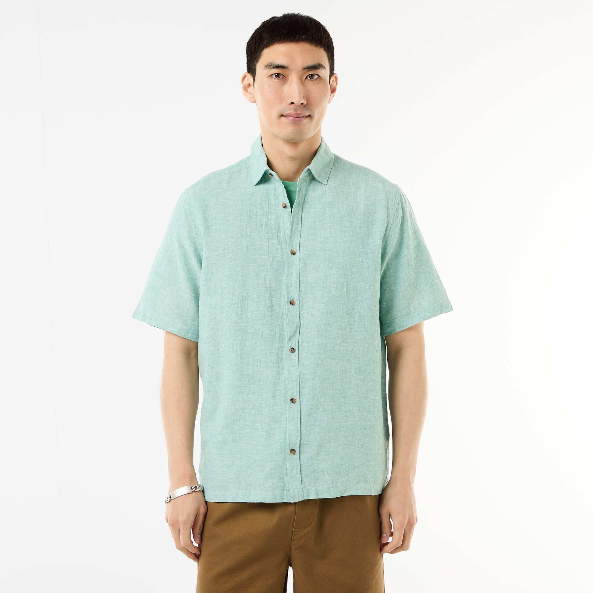 Short-Sleeved Linen-Blend Shirt BLUE