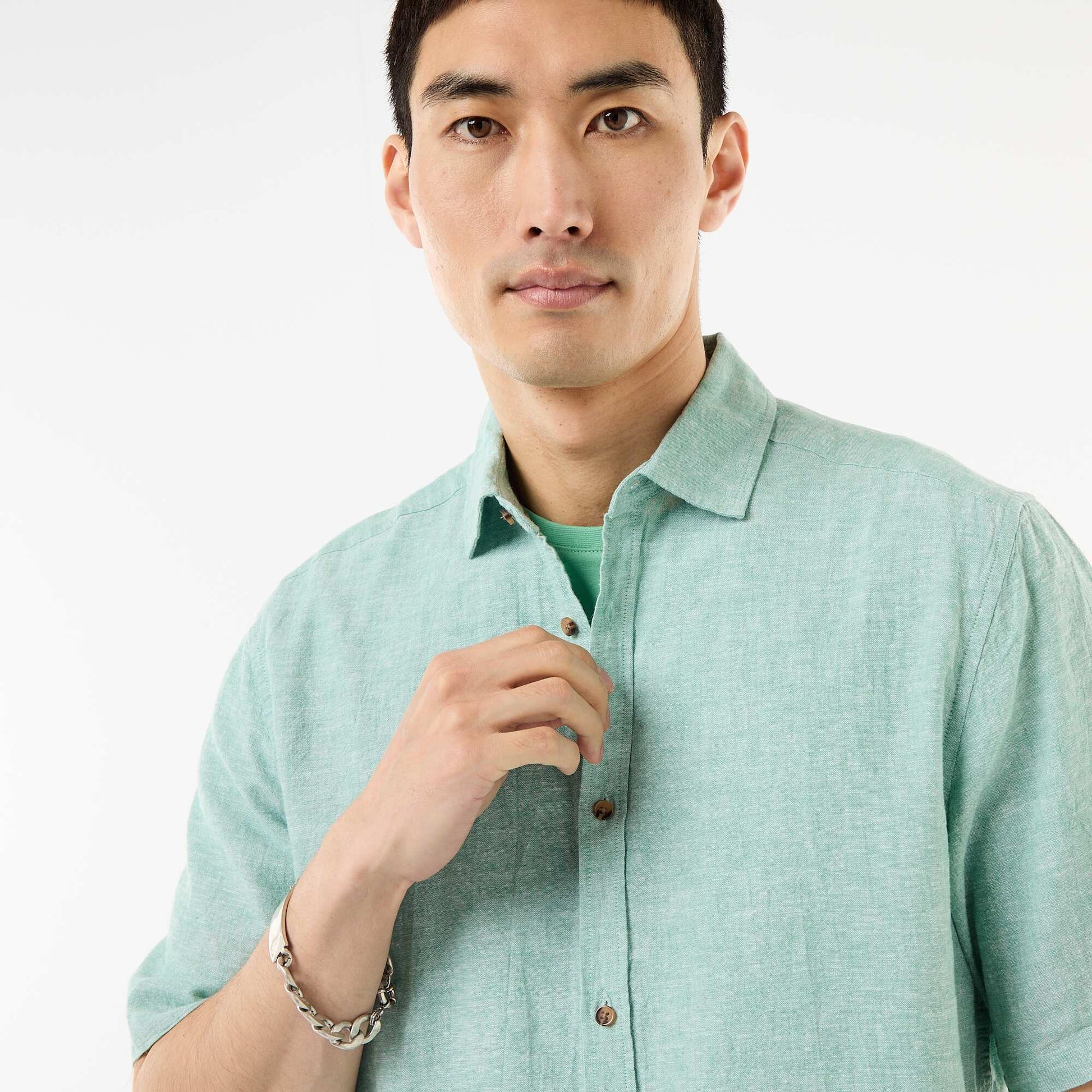 Short-Sleeved Linen-Blend Shirt BLUE