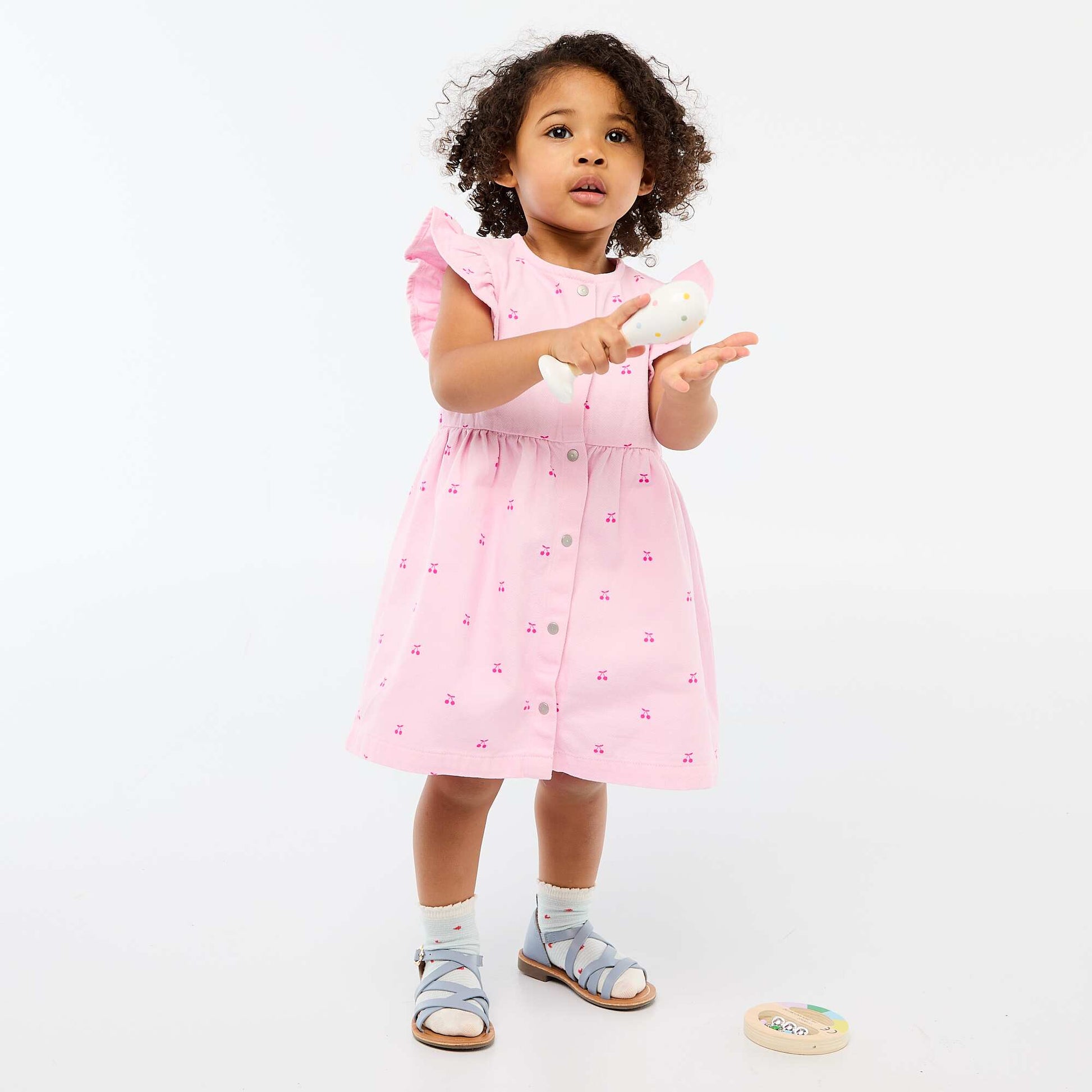 Striped Twill Dress with Short Sleeves PINK