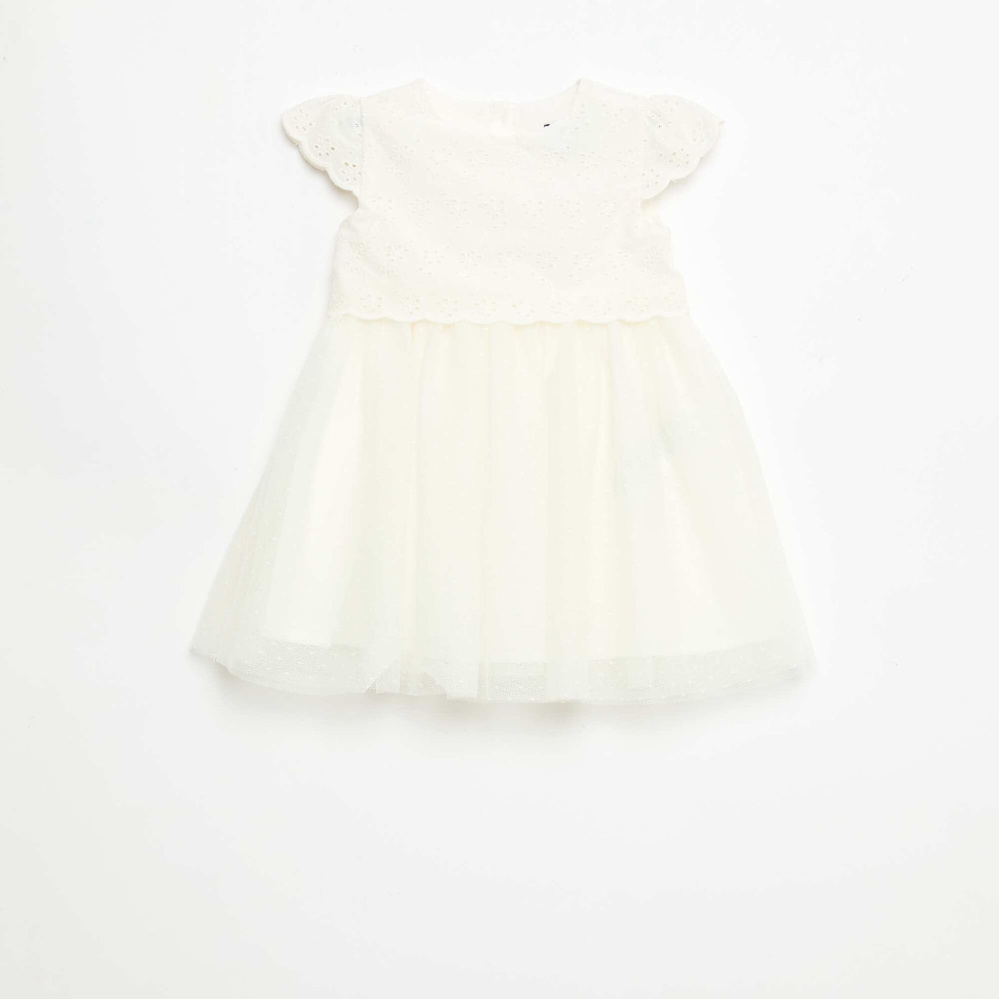 Short-Sleeved Dress with Broderie Anglaise and Tulle WHITE