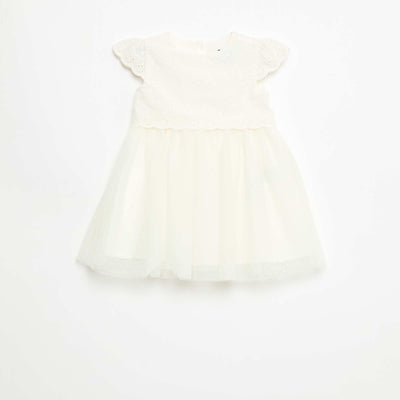 Short-Sleeved Dress with Broderie Anglaise and Tulle WHITE