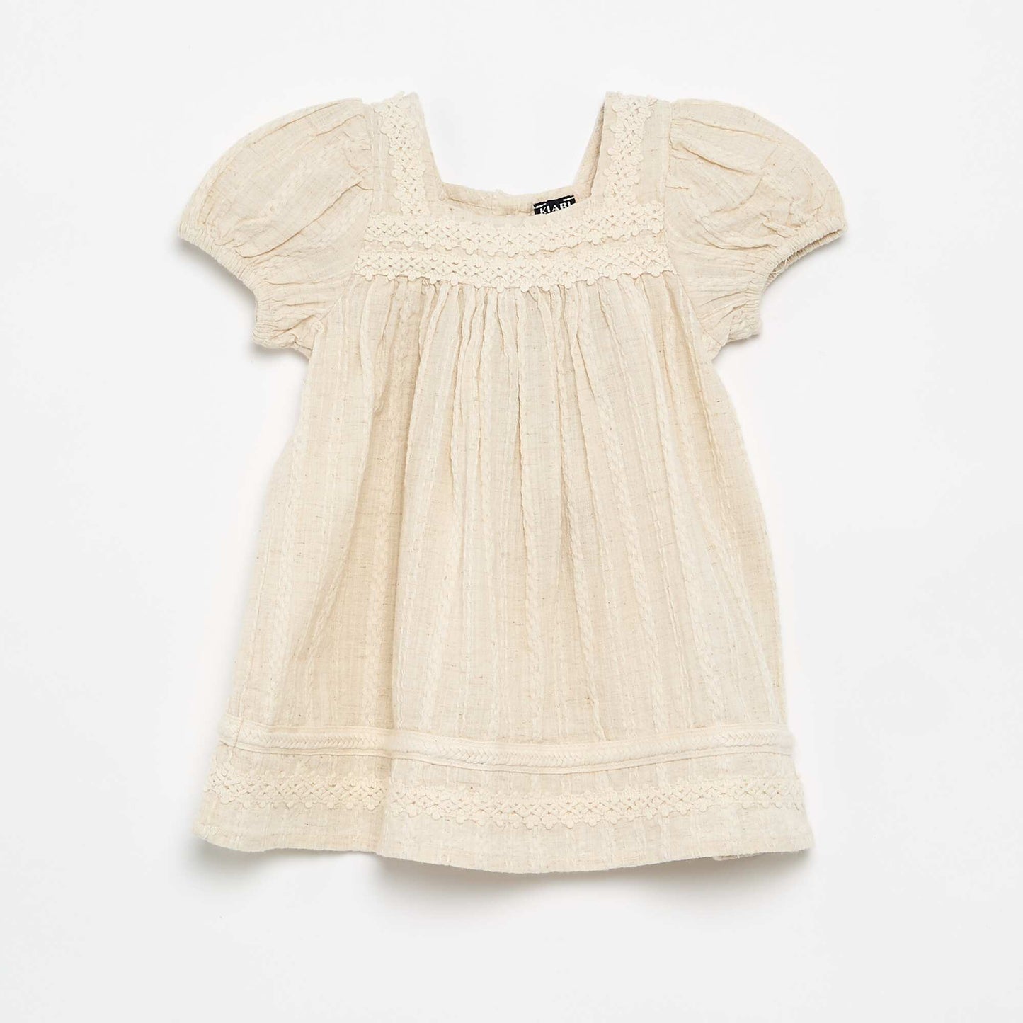 Cotton and linen dress with macramé details ECRU