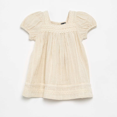 Cotton and linen dress with macramé details ECRU