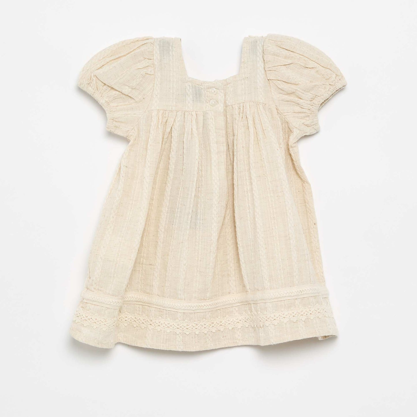 Cotton and linen dress with macramé details ECRU