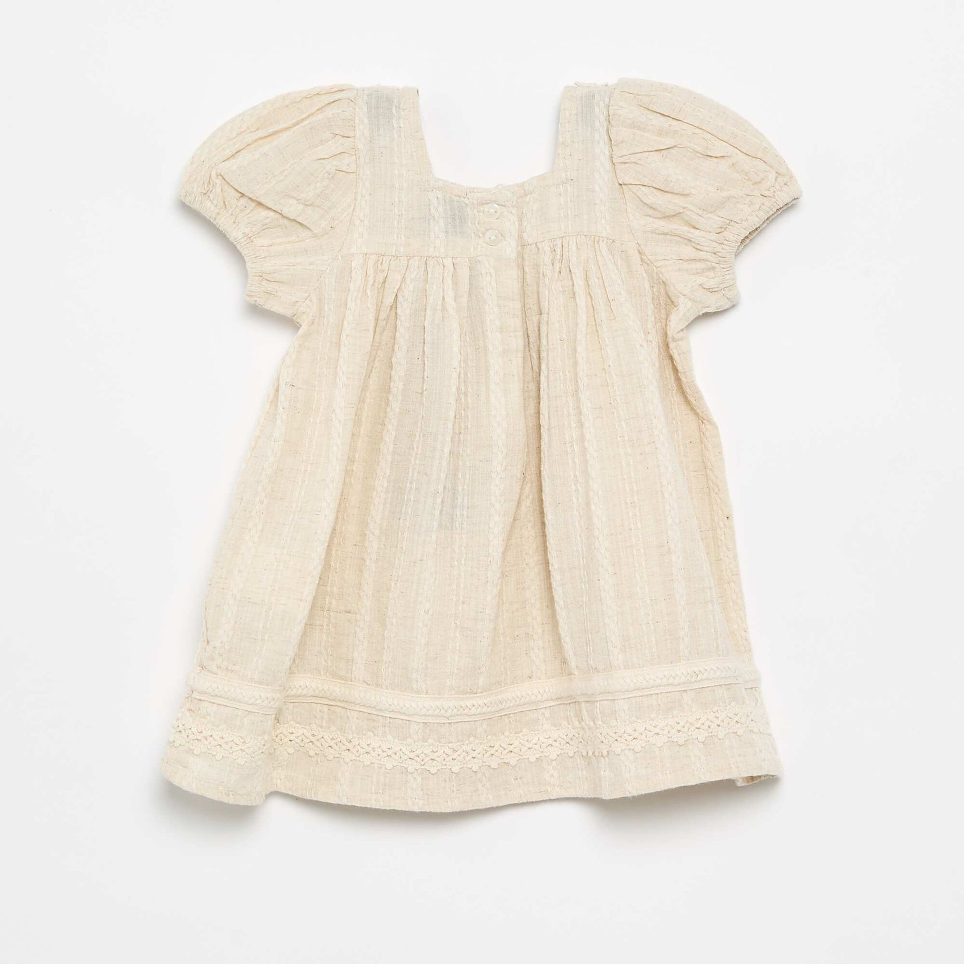 Cotton and linen dress with macramé details ECRU