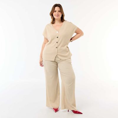 Wide-Leg Crepe Knit Pants BEIGE