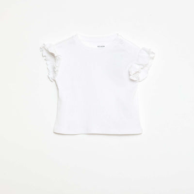 Ribbed T-shirt with Short Flutter Sleeves WHITE