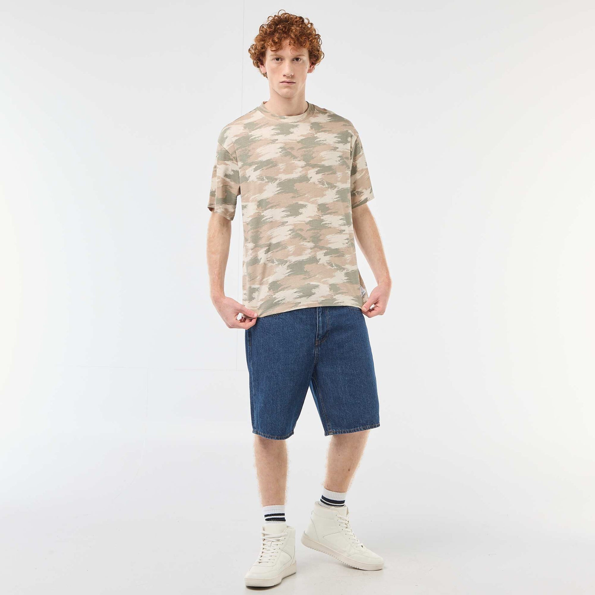 Camouflage Print Crew Neck Cotton T-Shirt GREEN