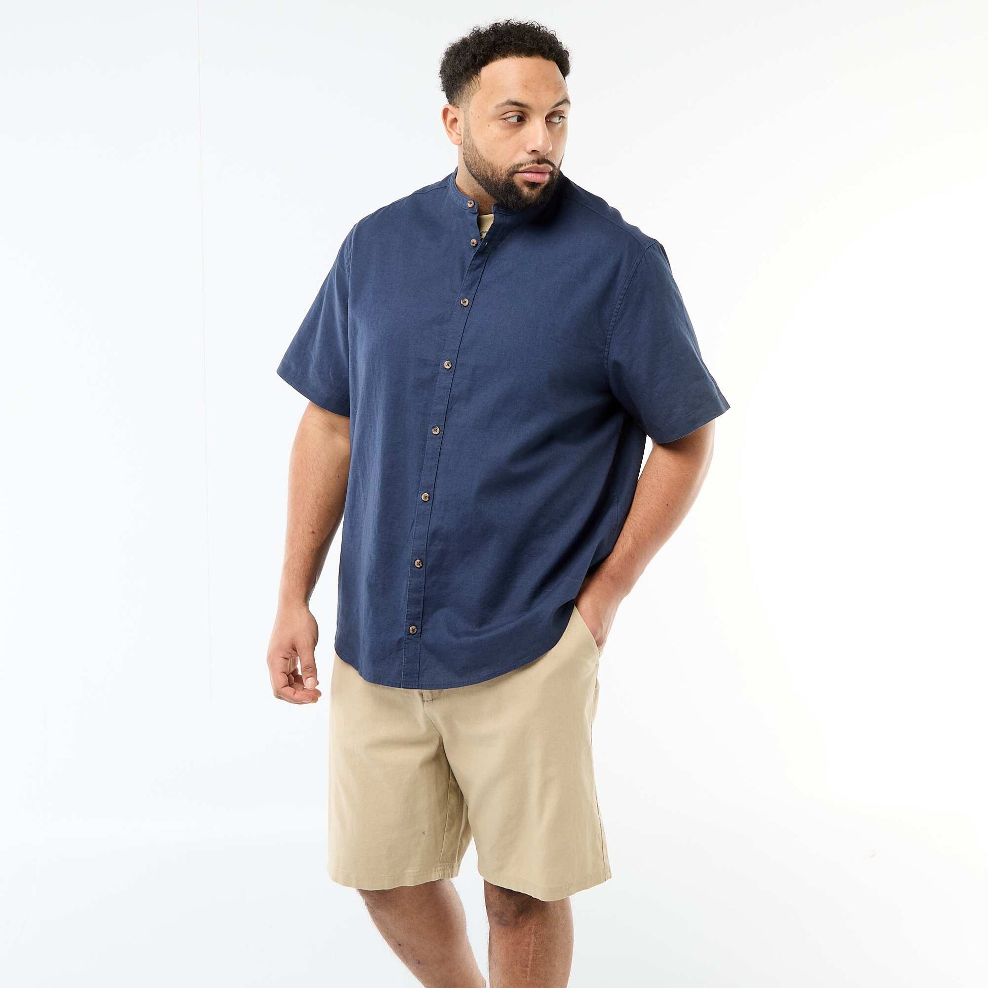 Short-Sleeved Linen Blend Shirt BLUE