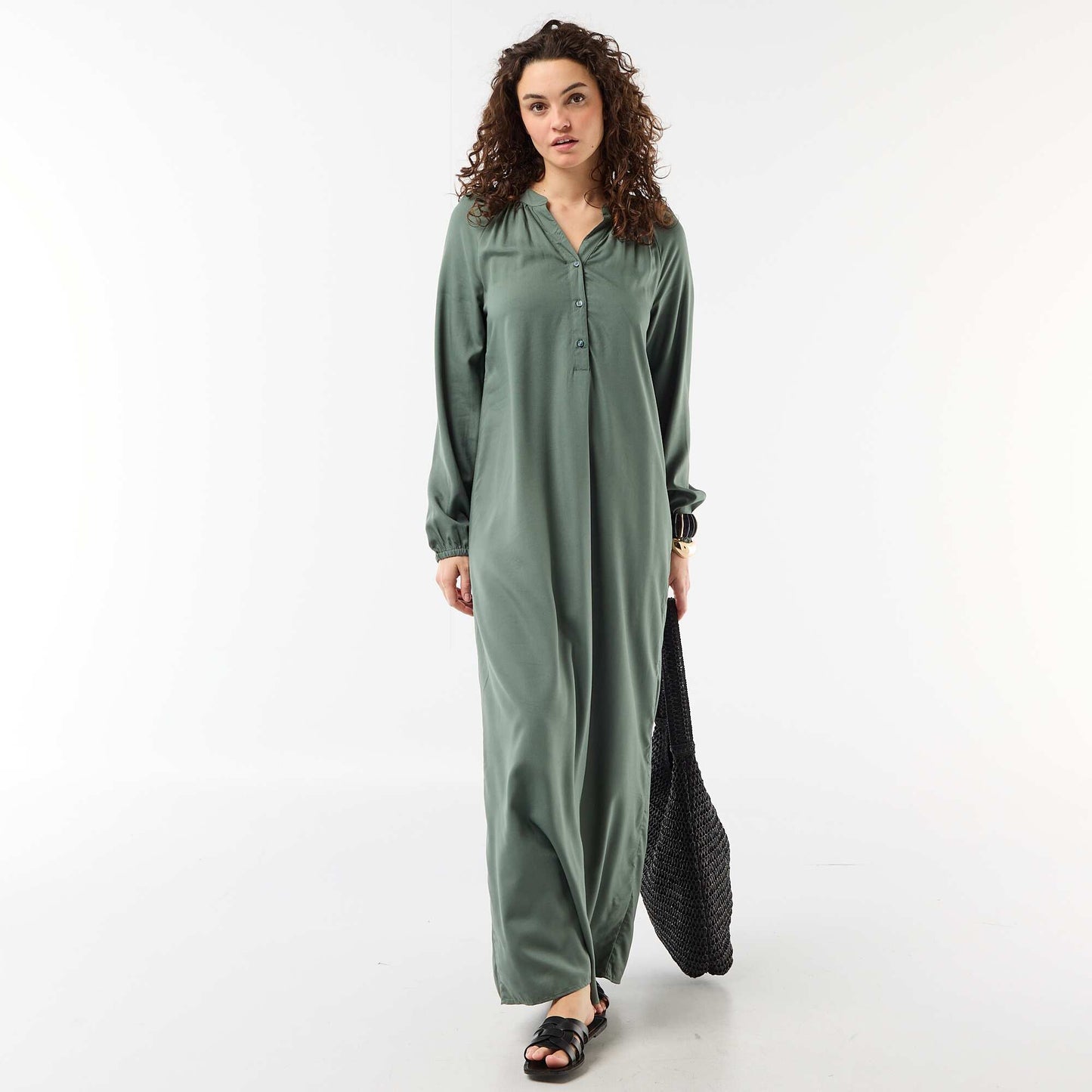 Long-sleeved Henley maxi dress GREEN
