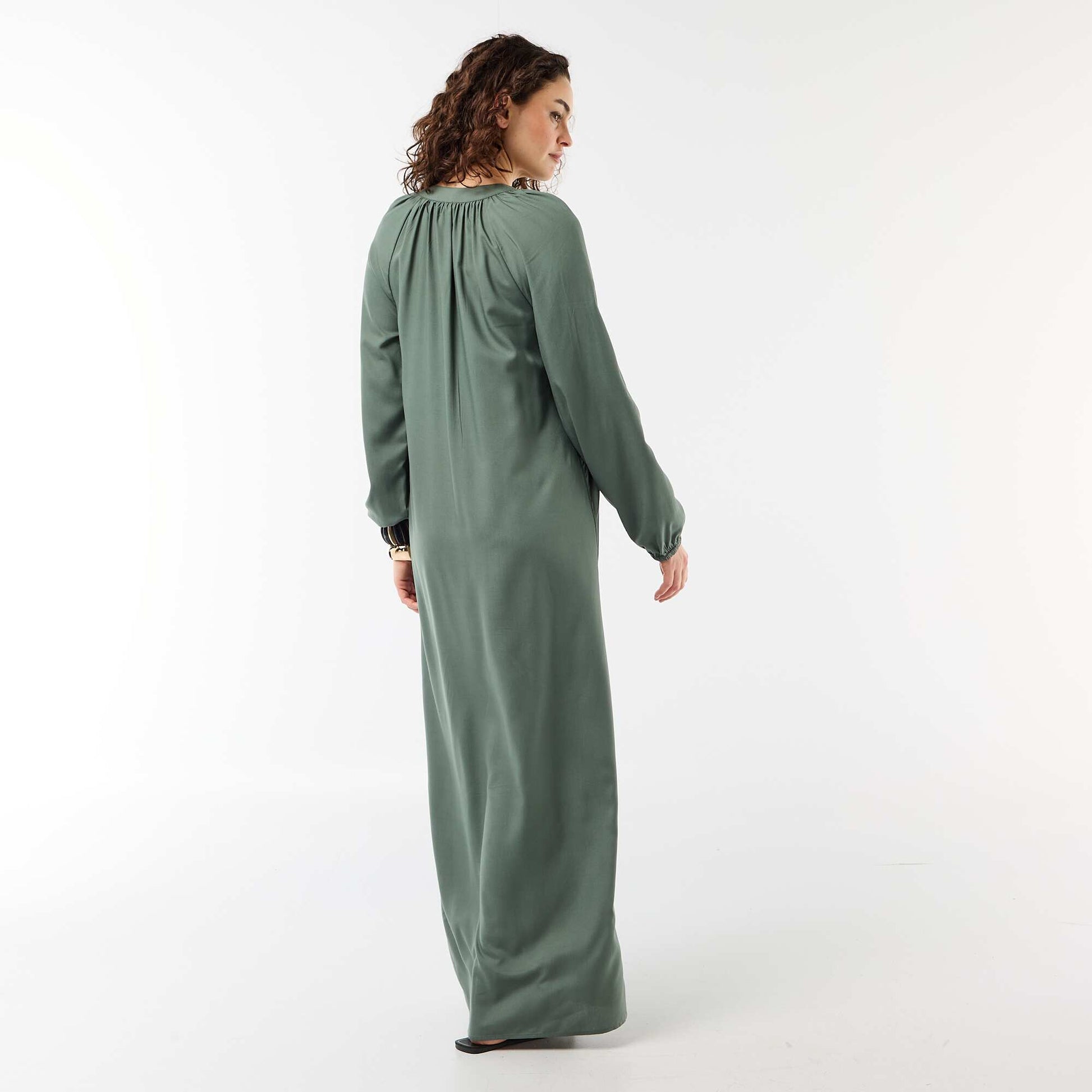 Long-sleeved Henley maxi dress GREEN