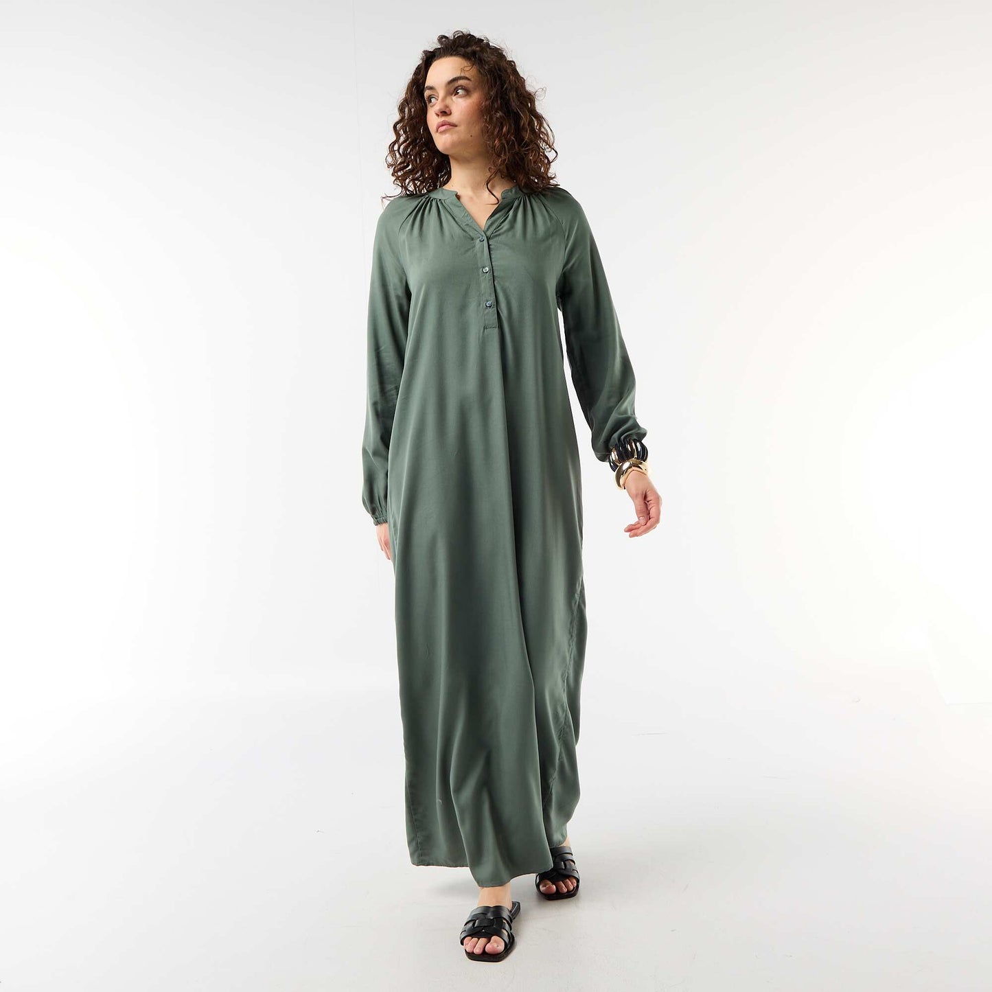 Long-sleeved Henley maxi dress GREEN
