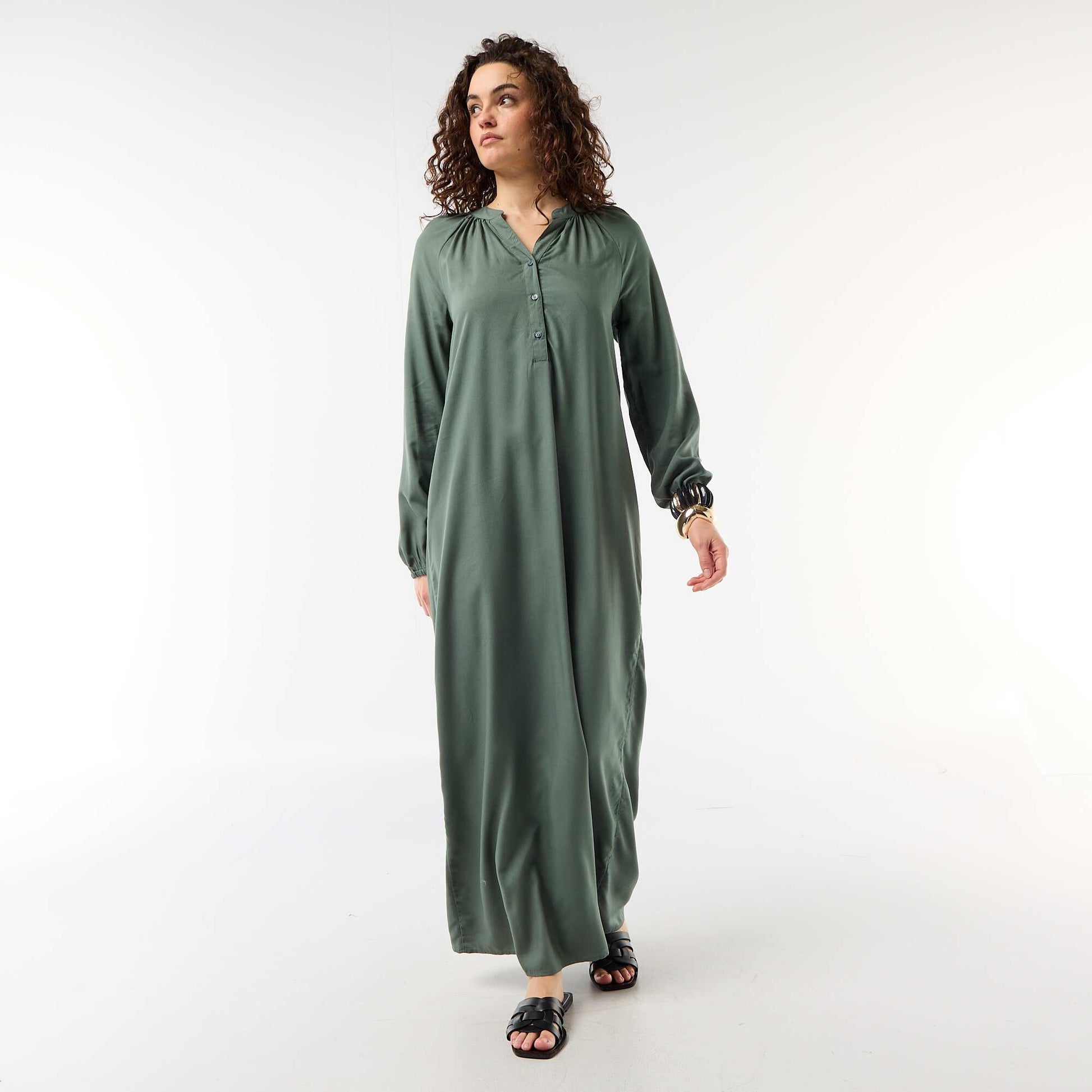 Long-sleeved Henley maxi dress GREEN