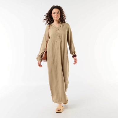 Long-sleeved Henley maxi dress KHAKI