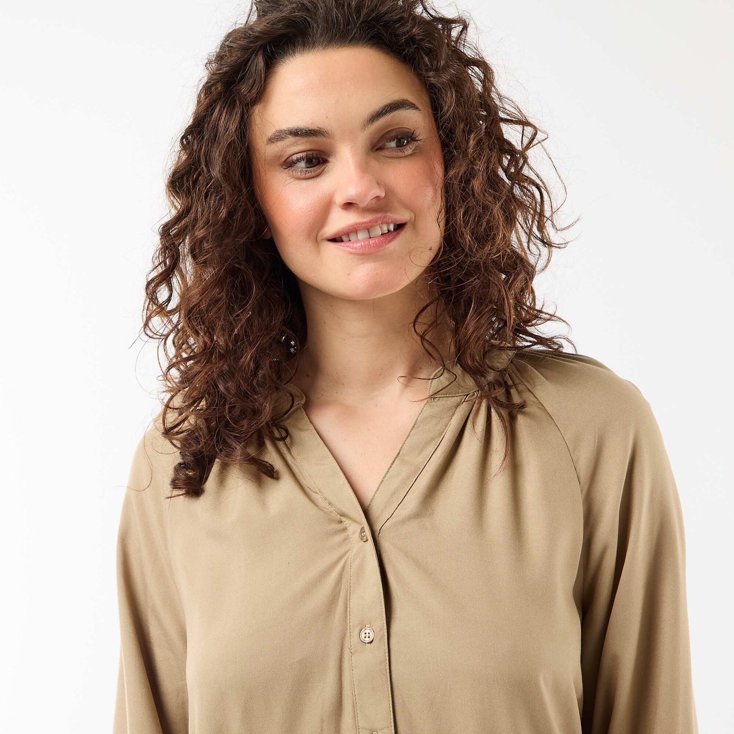 Long-sleeved Henley maxi dress KHAKI