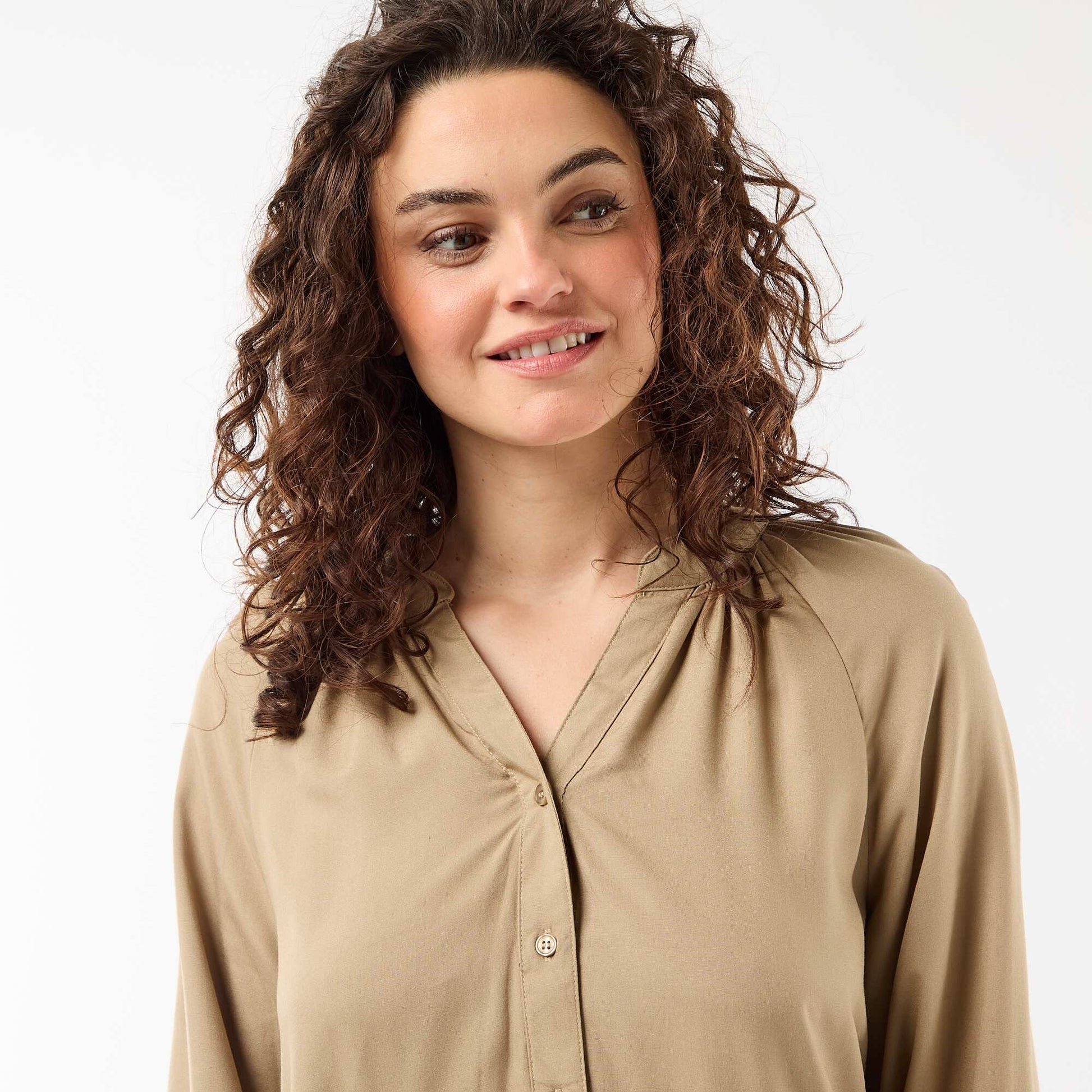 Long-sleeved Henley maxi dress KHAKI