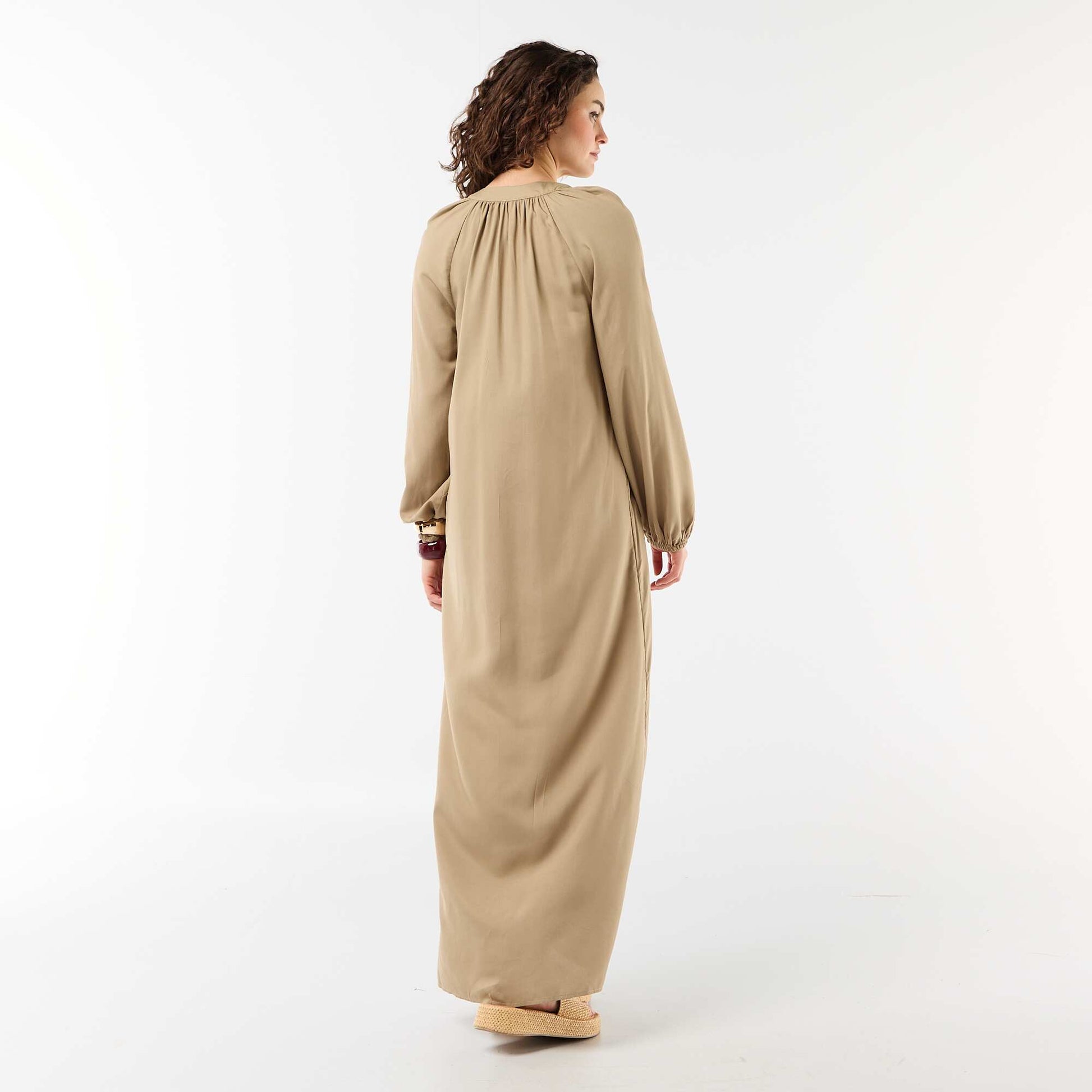 Long-sleeved Henley maxi dress KHAKI