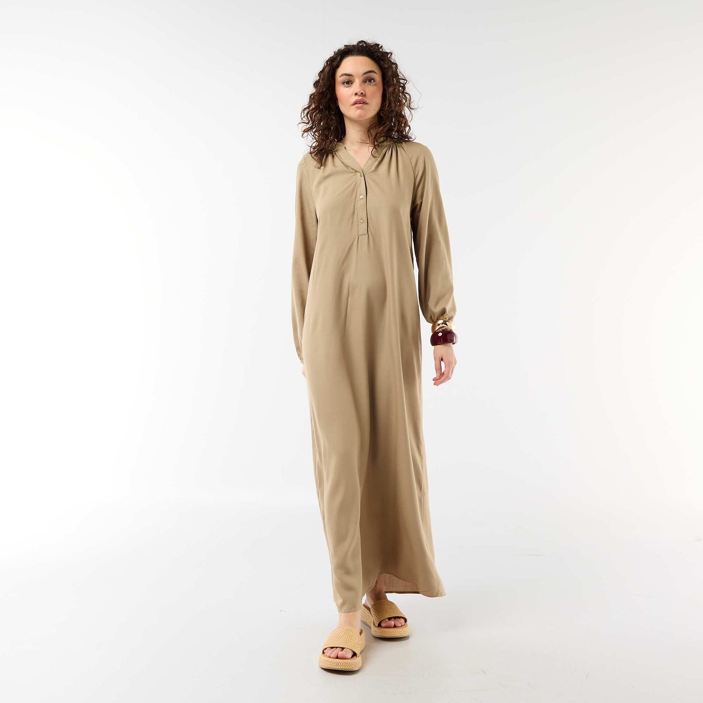 Long-sleeved Henley maxi dress KHAKI