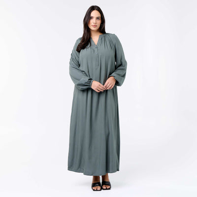Long dress with long sleeves and Henley collar GREEN