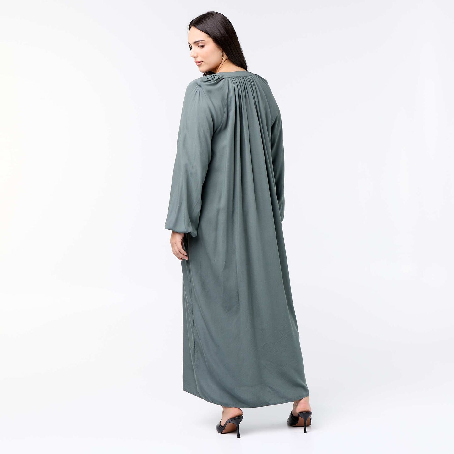 Long dress with long sleeves and Henley collar GREEN