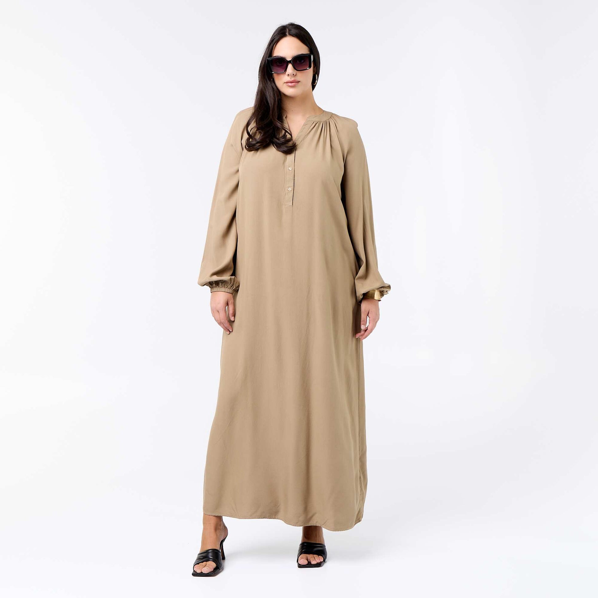 Long dress with long sleeves and Henley collar KHAKI
