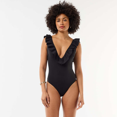 Plunge Neck One-Piece Swimsuit BLACK