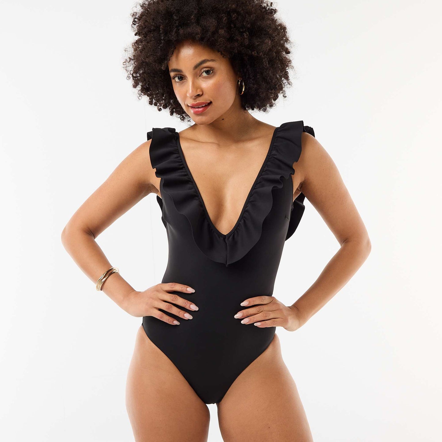 Plunge Neck One-Piece Swimsuit BLACK