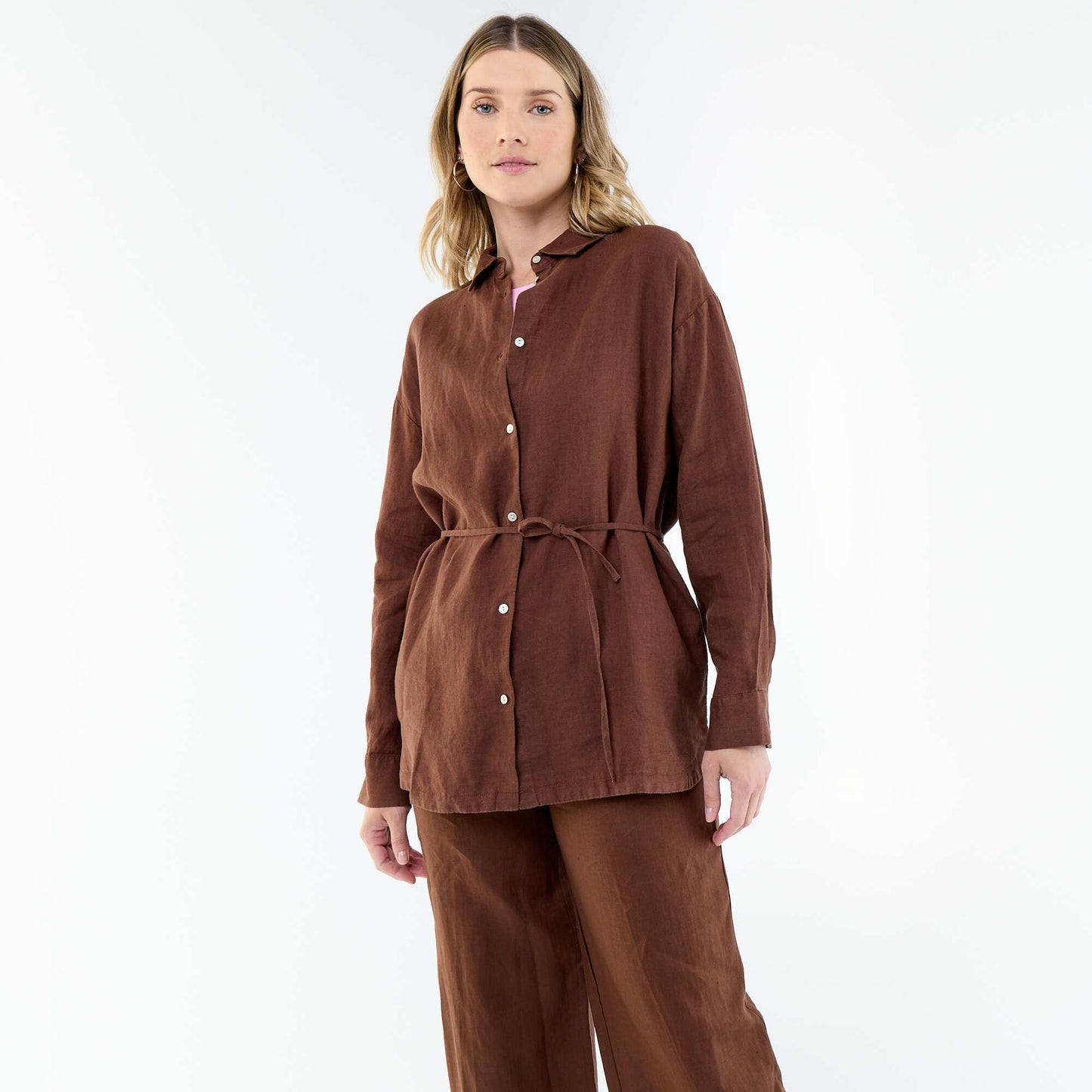 Solid long linen shirt BROWN