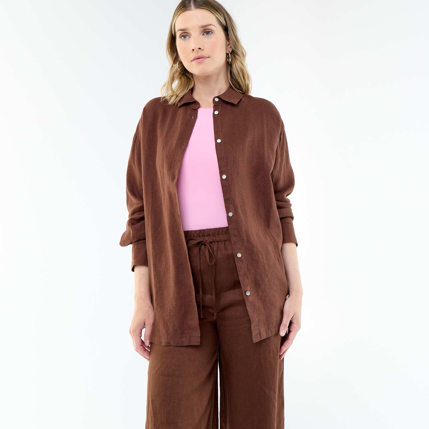 Solid long linen shirt BROWN