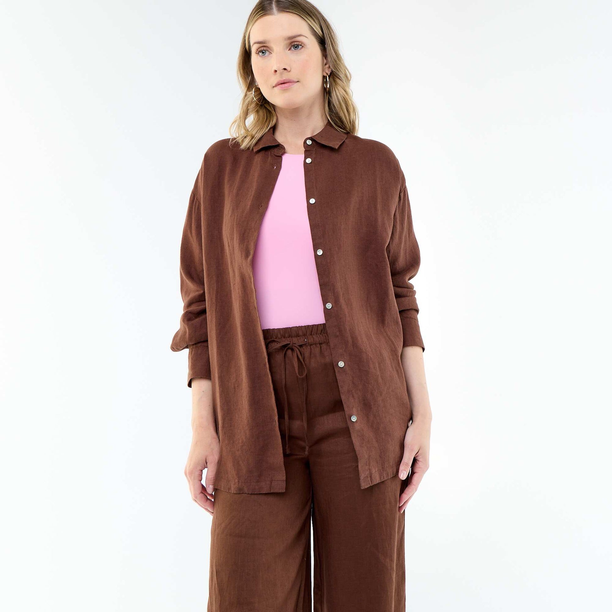Solid long linen shirt BROWN