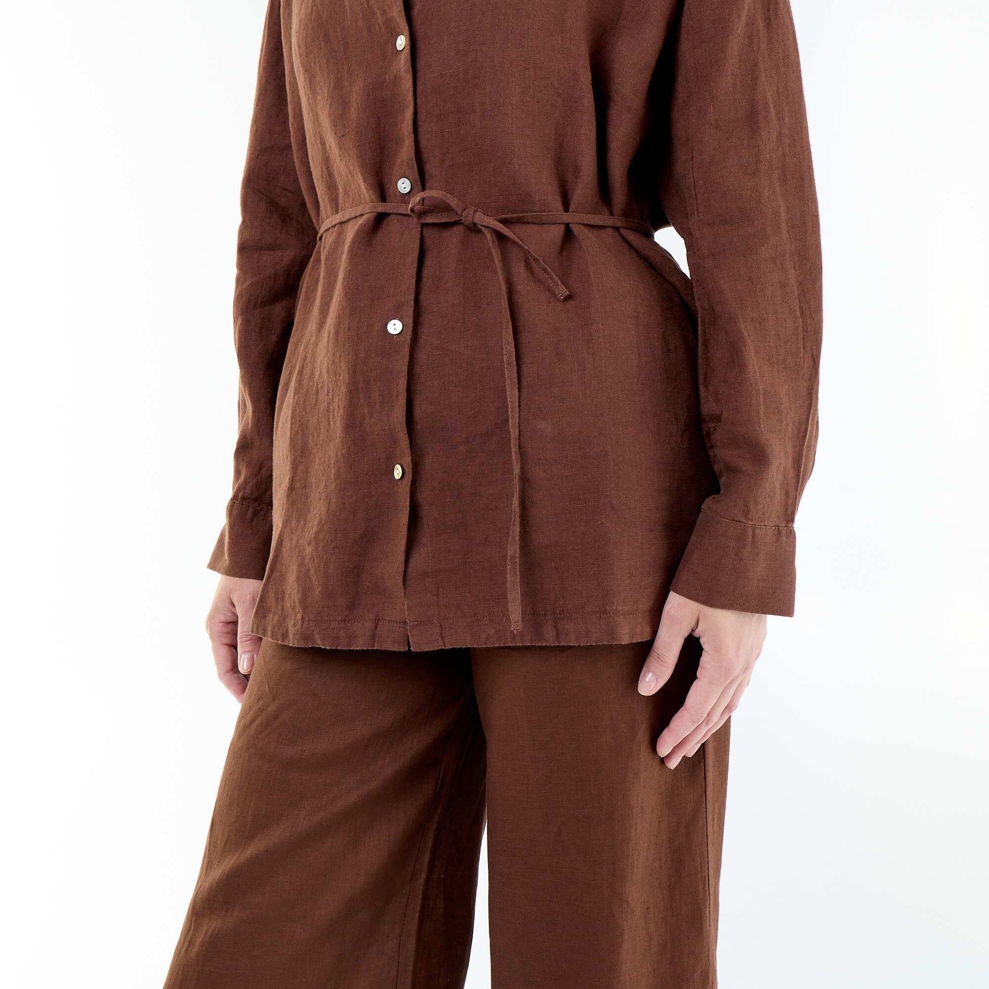 Solid long linen shirt BROWN