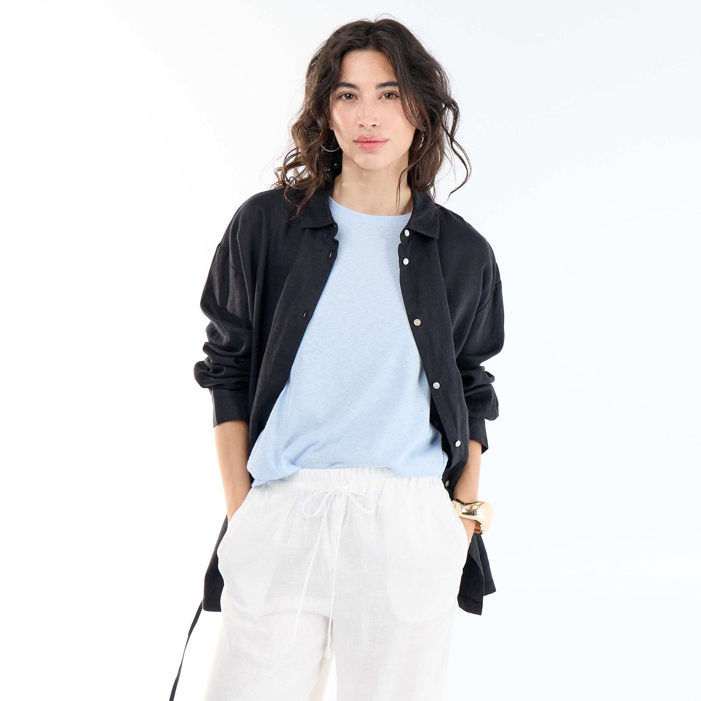 Solid long linen shirt BLACK